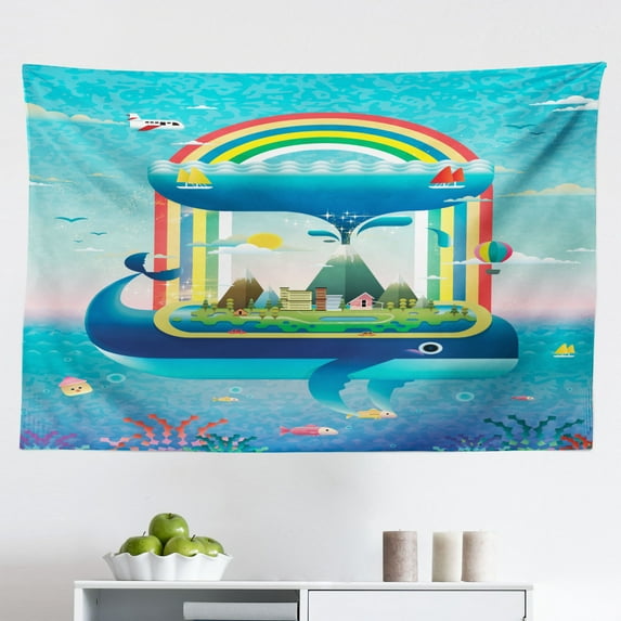 Whale Tapestry, Big Black Whale with Striped Dreamy Clouds with a Motto Work of Art, Fabric Wall Hanging Decor for Bedroom Living Room Dorm, 2 Sizes, Pink Black and White, by Ambesonne
