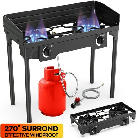 LNOW Gas Cooker Outdoor Propane Camping Stove with Wind Panel Picnic Stove Stand BBQ Grill Portable 150000 BTU Gas Stove 2 Burner for Camping