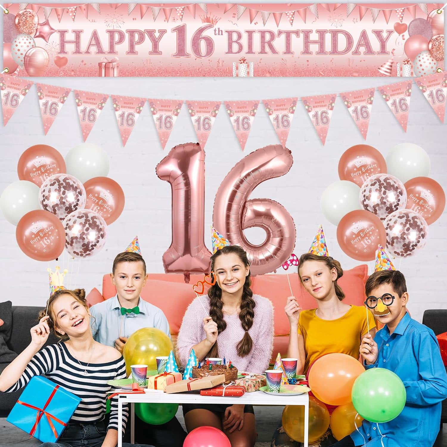 Rose Gold 16th Birthday Decorations Girl, sweet 16 Birthday Yard Sign Banner, Triangle Flags and Latex Printed Confetti Balloons, 16 Years Old Sixteen Birthday Party House Garden Supplies