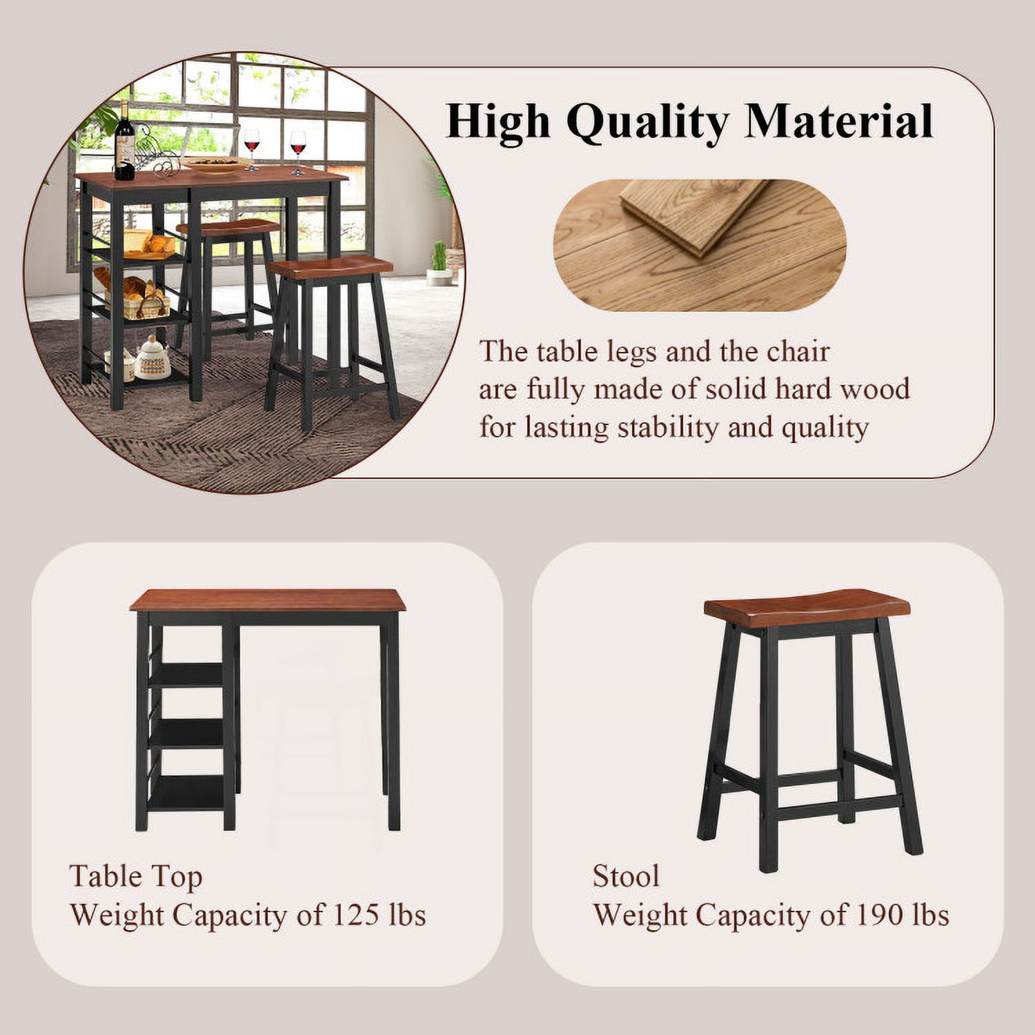Finihen Dining Set, Dining Table Set, 3 Piece Counter Height Dining Table Set with 2 Saddle Stools and Storage Shelves, for Home, Restaurant, Walnut Finihen Dining Set, Dining Table Set, 3 Piece Counter Height Dining Table Set with 2 Saddle Stools and Storage Shelves, for Home, Restaurant, Walnut
