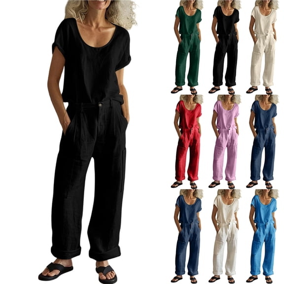 Bloomae Linen Sets for Women Two Pieces Summer Vacation Beach Outfits Short Sleeve Crewneck Basic T Shirts and Button Elastic Waist Wide Leg Pants Loose Comfy Lounge Matching Sets Green M