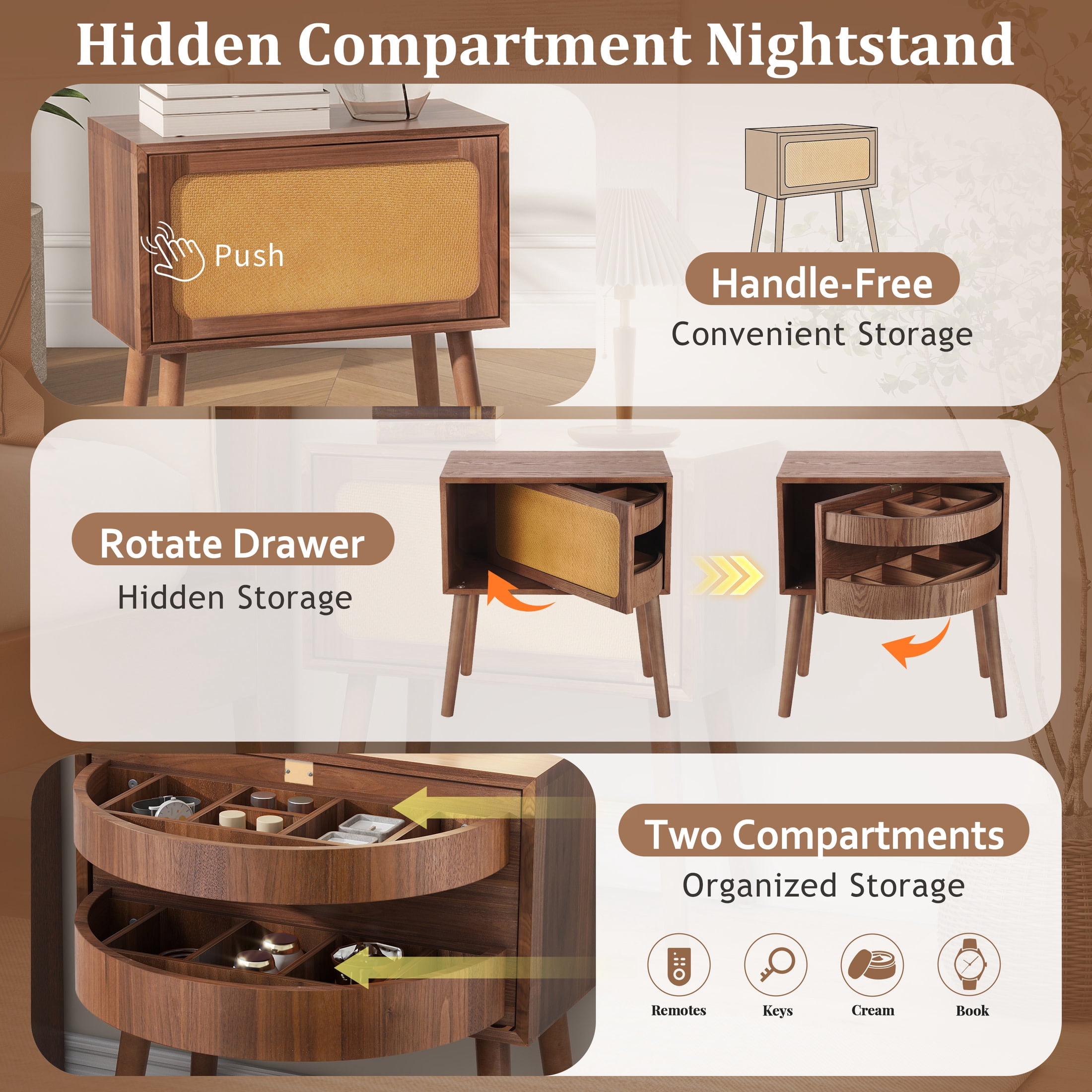 Christopher Knight Home Wood Nightstand with Rotating Hidden Compartment, Modern Storage Bedside Table, Walnut