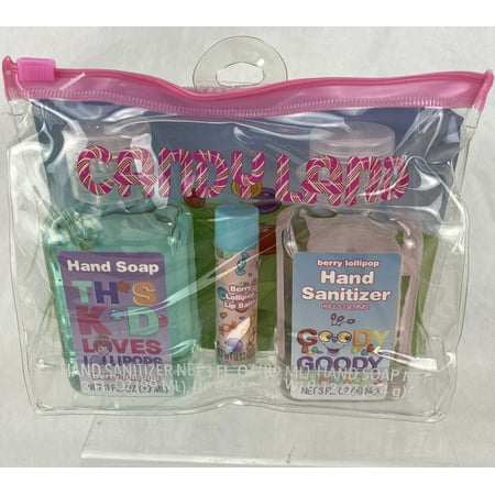 3 Pc CANDYLAND Hygiene Travel Bag Set Hand Soap Lip Balm Berry Lollipop Backpack