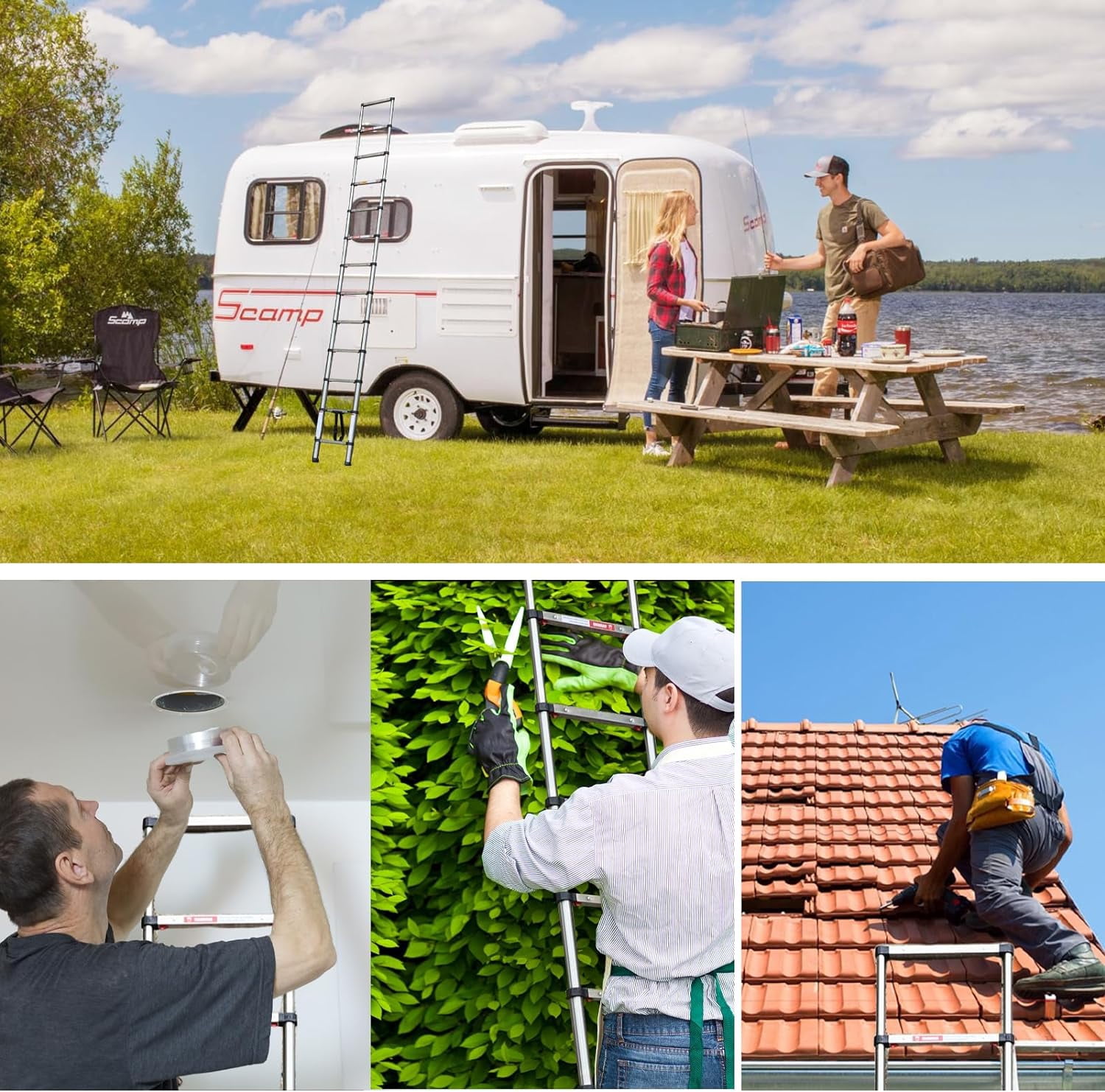 Topwire Telescoping Ladder 15.5FT,Extension Step Ladder One Button Retraction,Stainless Steel Collapsible Ladder Slow Down Design for Home RV Loft,330 lbs Max Capacity