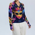 thumbnail image 5 of Womens Mardi Gras Shirts Carnival Feathers Print Long Sleeve Blouse Sequins V Neck Green Tunic Tops Dark Blue L, 5 of 7