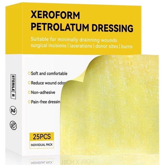 4'' x 4'' Xeroform Petrolatum Dressing Non-Adhesive Wound Gauze Pad with Soothing Barrier Layer, 25 Individual Pack
