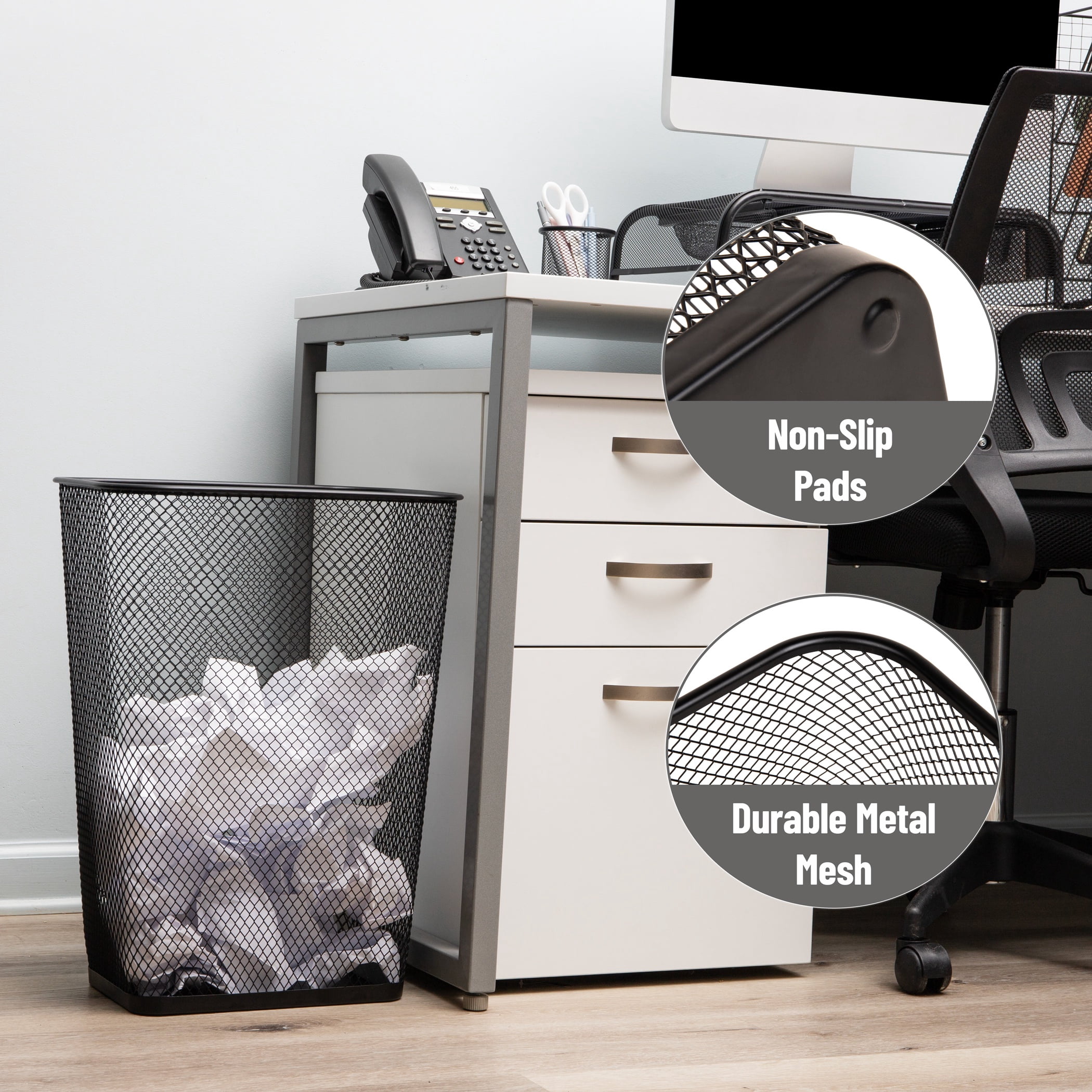 Mind Reader 10 Gallon Executive Waste Paper Bins, Solid Bottom, Non Slip Pads, Office and Home, Metal, Set of 2, Black
