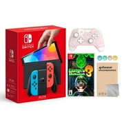 Nintendo Switch OLED Model Neon Red & Blue Joy Con 64GB Console HD Screen & LAN-Port Dock with Luigi's Mansion 3 And Mytrix Wireless Switch Pro Controller and Accessories