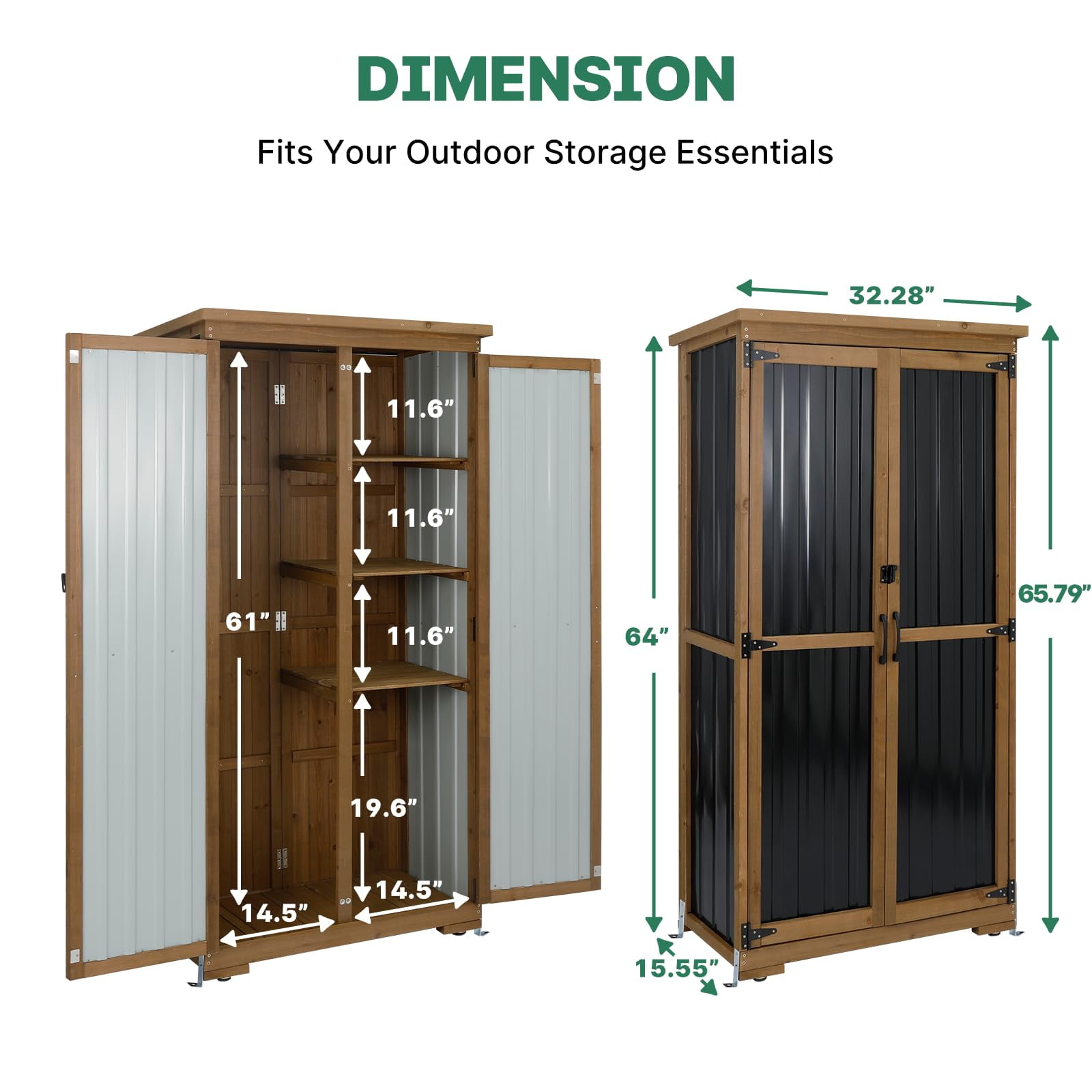 Gowoodhut Outdoor Storage Cabinet Wood & Metal, Tall Tool Shed with Weatherproof, Double Lockable Doors, Removable 3 Shelves, Adjustable Feet
