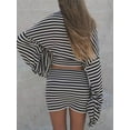 thumbnail image 6 of Women's 2 Piece Fall Outfits Long Sleeve Crewneck Striped Tops Mini Knit Bodycon Skirt Set, 6 of 7