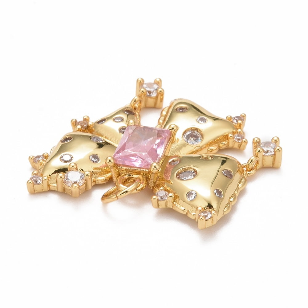 5pc Rack Plating Brass Pink & Clear Cubic Zirconia Pendants Bowknot Real 18K Gold Plated 24.5x24.5x4mm Jump Ring: 5x0.5mm Inner Diameter: 3.5mm