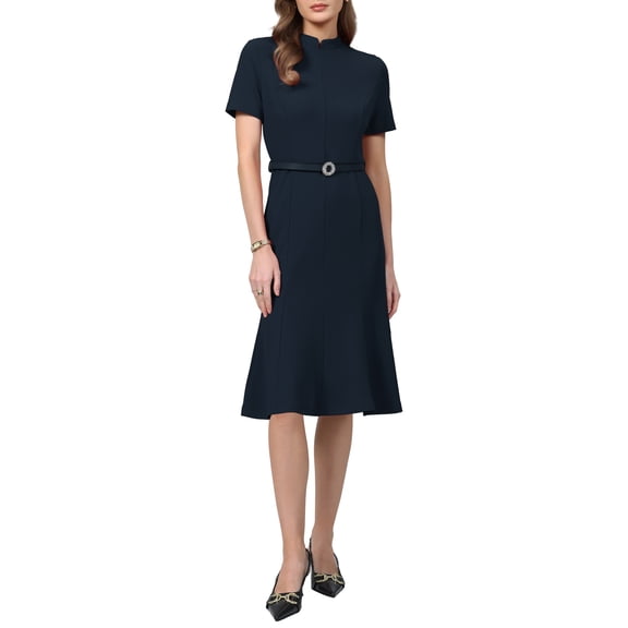 INSPIRE CHIC Women's Vintage Mock Neck Dress Church Work Short Sleeve Fishtail Dresses with Belted S Navy Blue