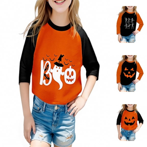 XEGLSBU Kids T Shirts with Festive Halloween Cute Graphic Design Tops for Boys and Girls Holiday Party Wear Orange-1 Size 13-14 Years