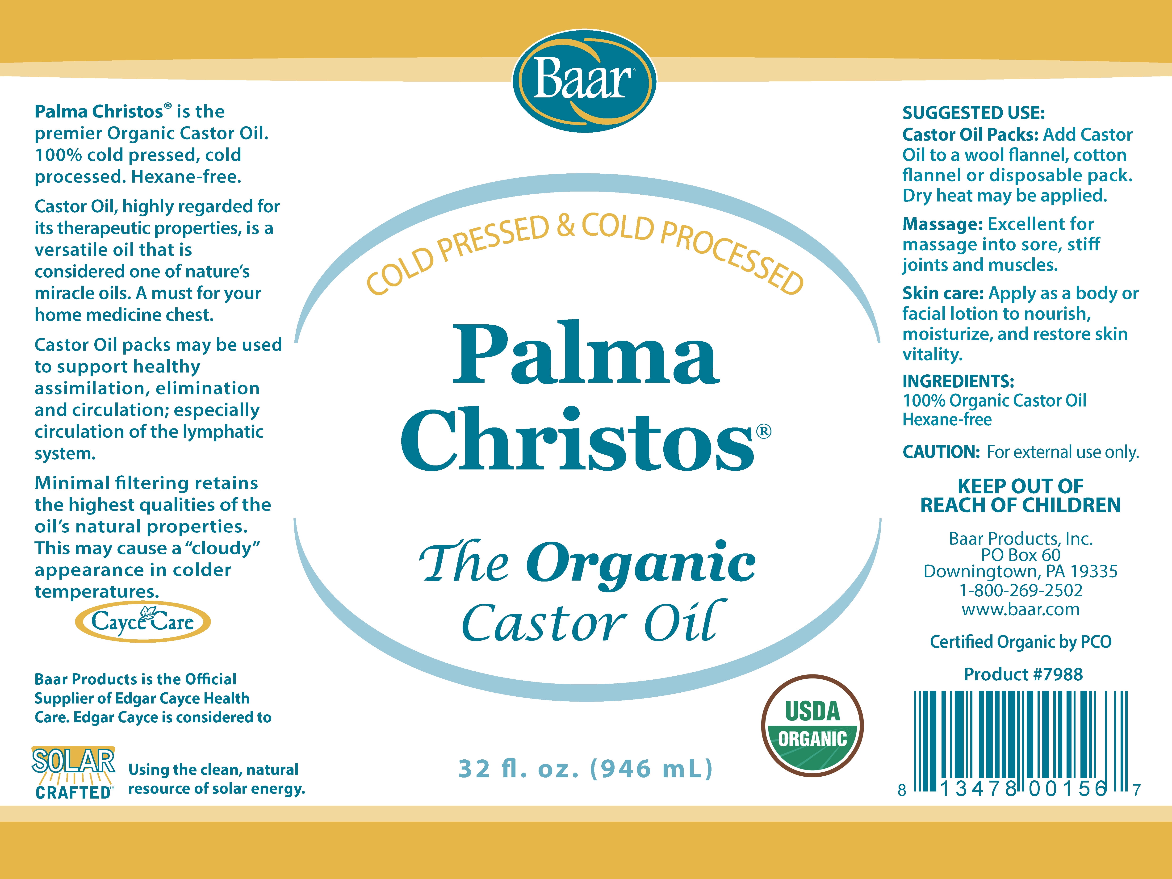 Organic Castor Oil - 32 Oz. - Cold Pressed! Hexane Free! Castor Oil for Hair, Eyelashes, Eyebrows, Skin, Eliminations, and Many More! - Exclusive Palma Christos® Brand by Baar