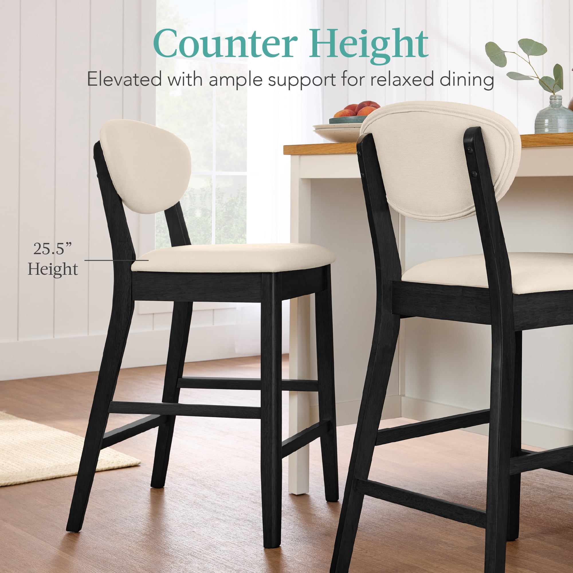 Best Choice Products Set of 2 Counter-Height Bar Stools, Armless W/Upholstered Seat Cushion & Backrest - Black / Cream