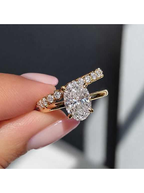 Oval Cut Engagement Ring Set for Women 2 Piece Bridal Ring Set with Pave Band 10K Vermeil Yellow Gold Wedding Ring Set