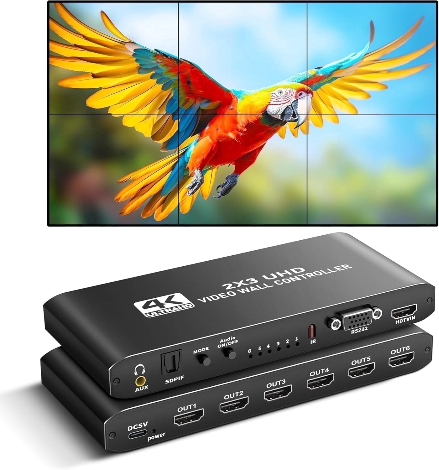 Tv Wall Controller 4K 2x3 HDMI/USB-C Video Wall Controller Support 1HDMI/Type-C USB Input 4HDMI+1SPDIF Audio Output 180° Rotate RS232 IR Remote