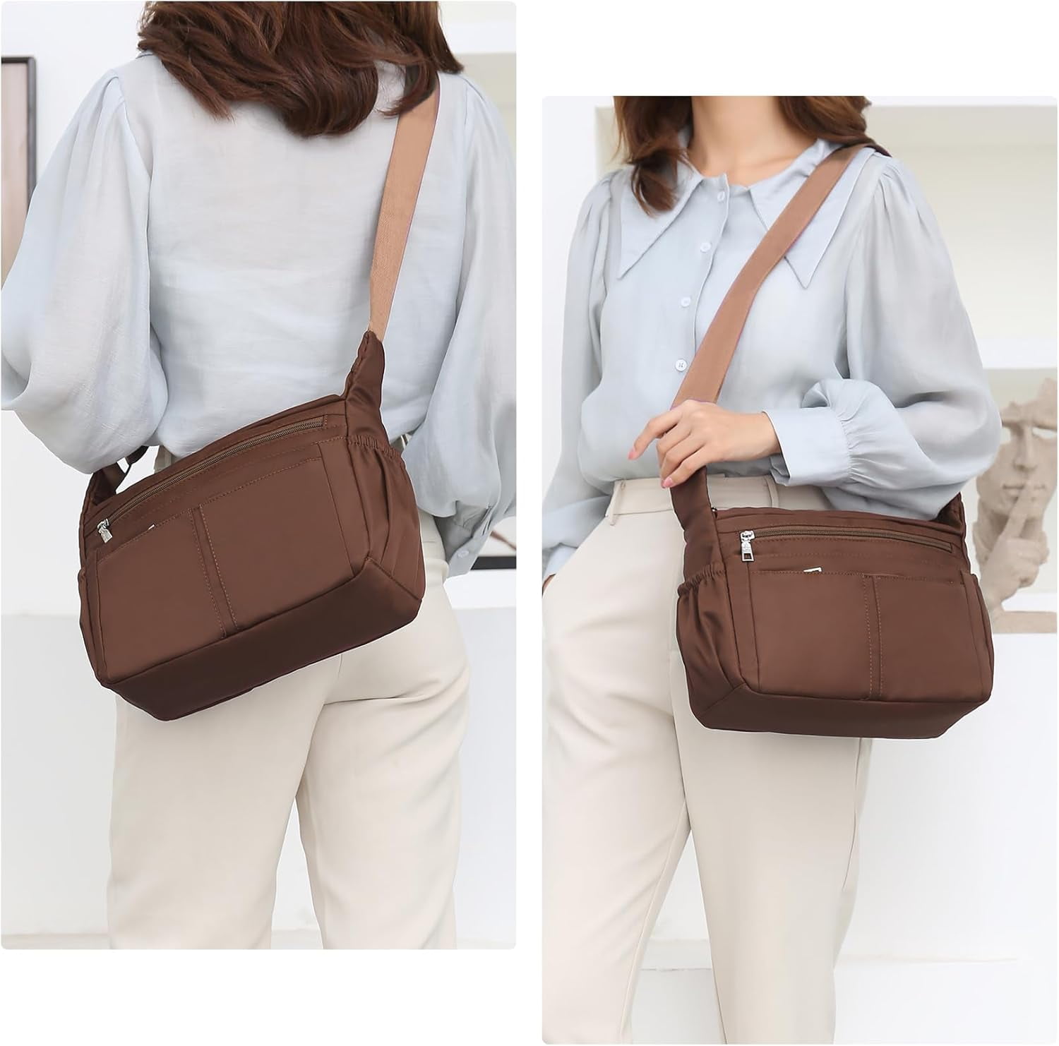 Women Shoulder Bag Multi-Pockets Handbag Water-Resistant Nylon Crossbody Bags Large Purses Lightweight Messenger Bag Black