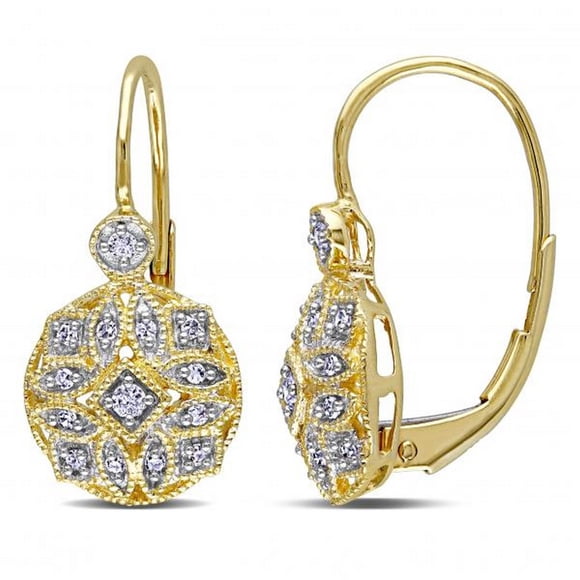 Boucles d'Oreilles Style Vintage à Levier en Diamant Florales en Or Jaune 14 K 0,15 Ct