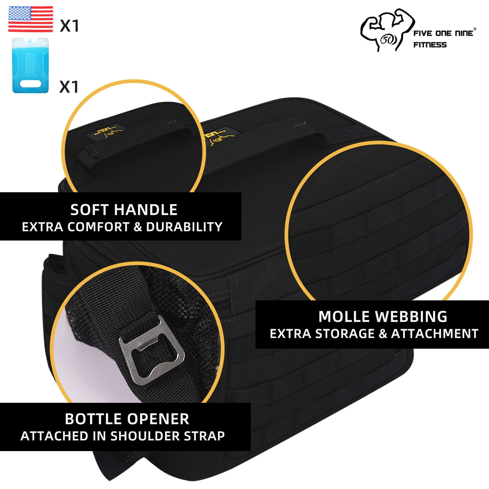 519 Fitness Insulated Lunch Box for Men, Tactical Lunch Bag with 10 Hours Insulation, Large lunch cooler with 1 Ice Pack for Work,Travel,School(Black)