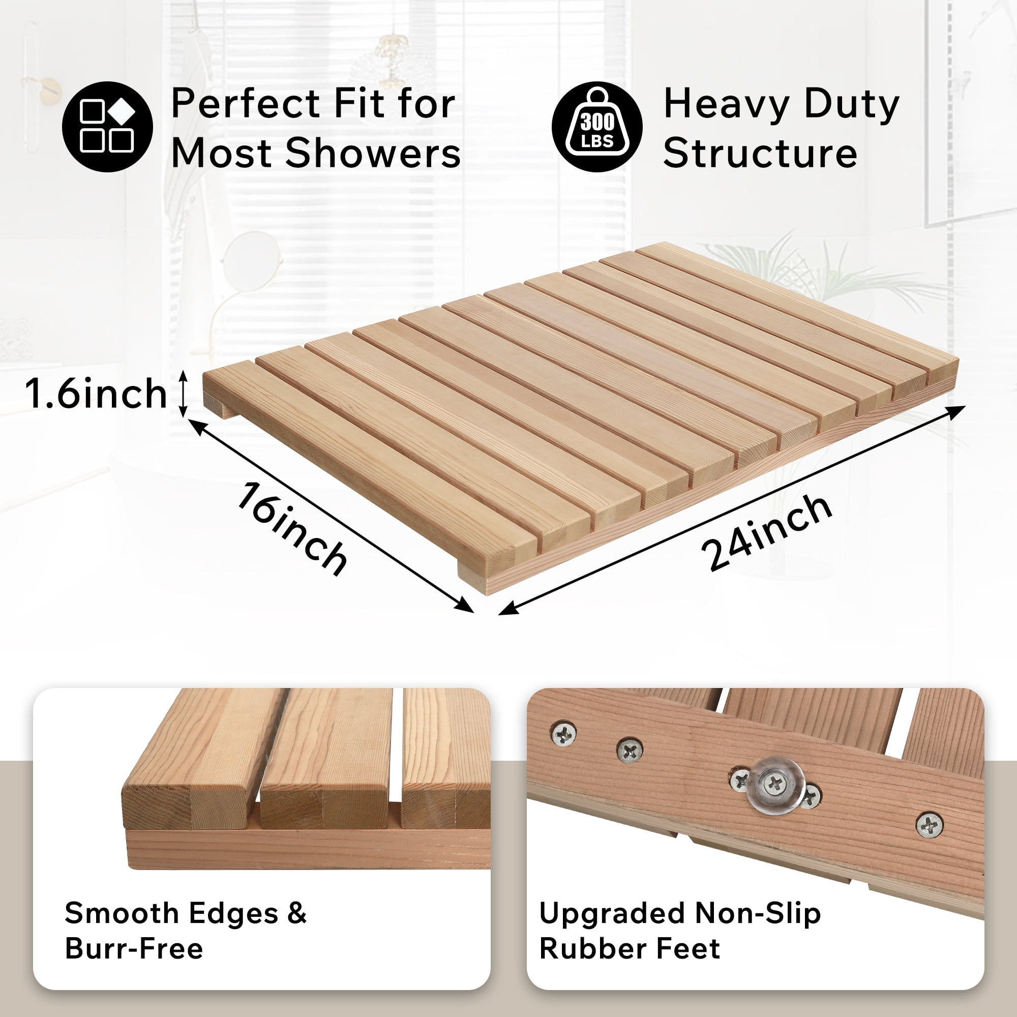 Cedar Wood Shower Mat, Non-Slip Rubber Feet, Quick-Dry Slatted Design, Multi-Purpose Use