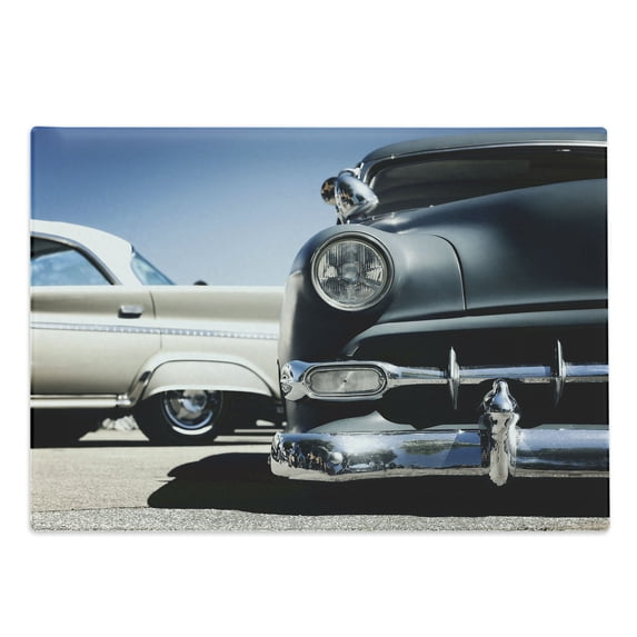 Vintage Car Cutting Board, American Classic Old Style Fifties Auto Wheels Transportation History Art Print, Decorative Tempered Glass Cutting and Serving Board, Large Size, Blue Beige, by Ambesonne