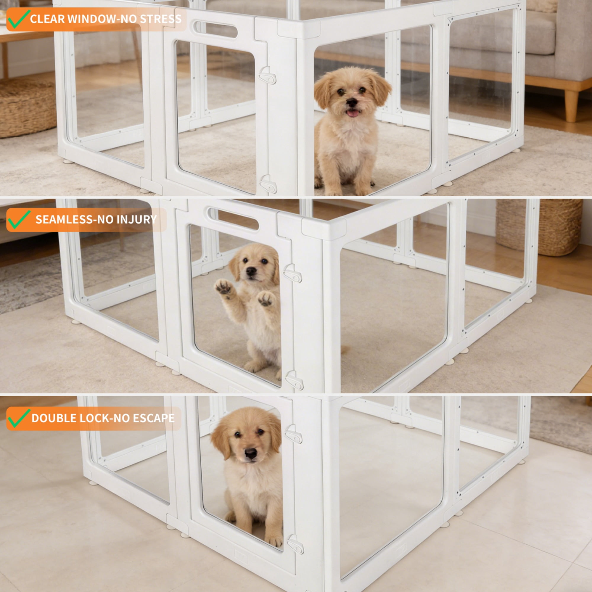JXXRZ Clear Acrylic Dog Playpen Indoor, 8 Panel Transparent Puppy Pen, No Metal Bars, Easy Setup Pet Fence