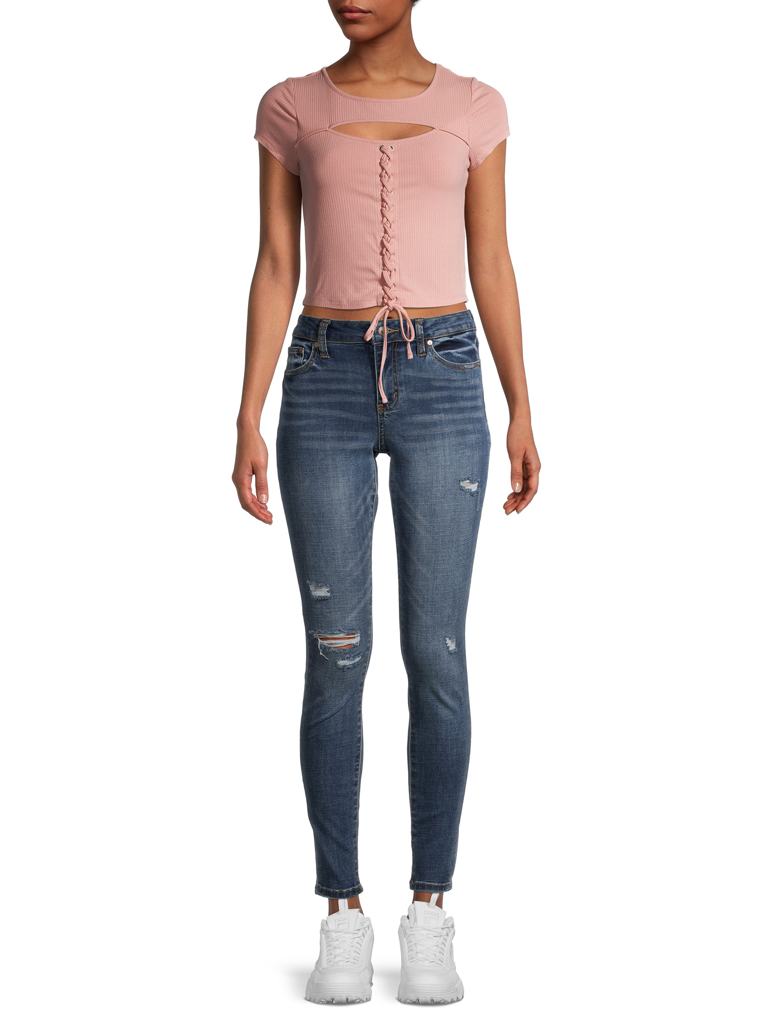 Almost Famous Juniors' Lace Up Corset T-Shirt with Cutout