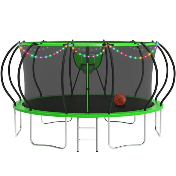 KOFUN Trampoline with Basketball Hoop & Light, 16FT Trampoline for Adults and Kids, No Gap Design Backyard Trampoline with Enclosure Net, Ladder, A Ball, Green