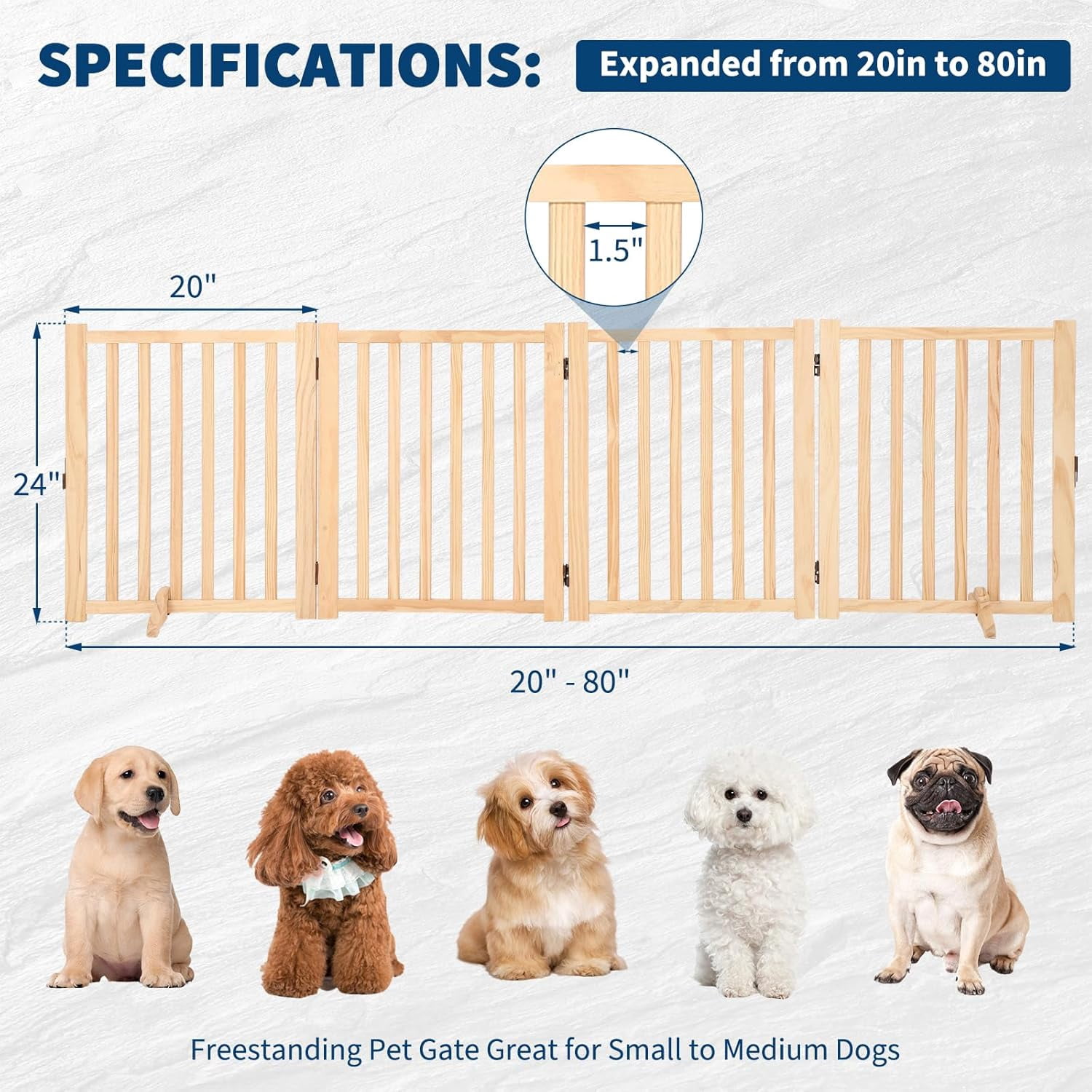 Roromall Wooden Freestanding Dog Gate, Foldable Pet Gate with Support Feet, Indoor Dog Fence for House, Doorways, Stairs, Expandable Pet Fence -4 Panel, 24"H