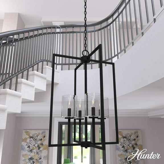 Hunter - Kerrison 4-light Natural Black Iron, Medium Size Pendant Light, Dimmable, Rectangle Shaped, for Bedrooms, Dining, Living Rooms - 19540