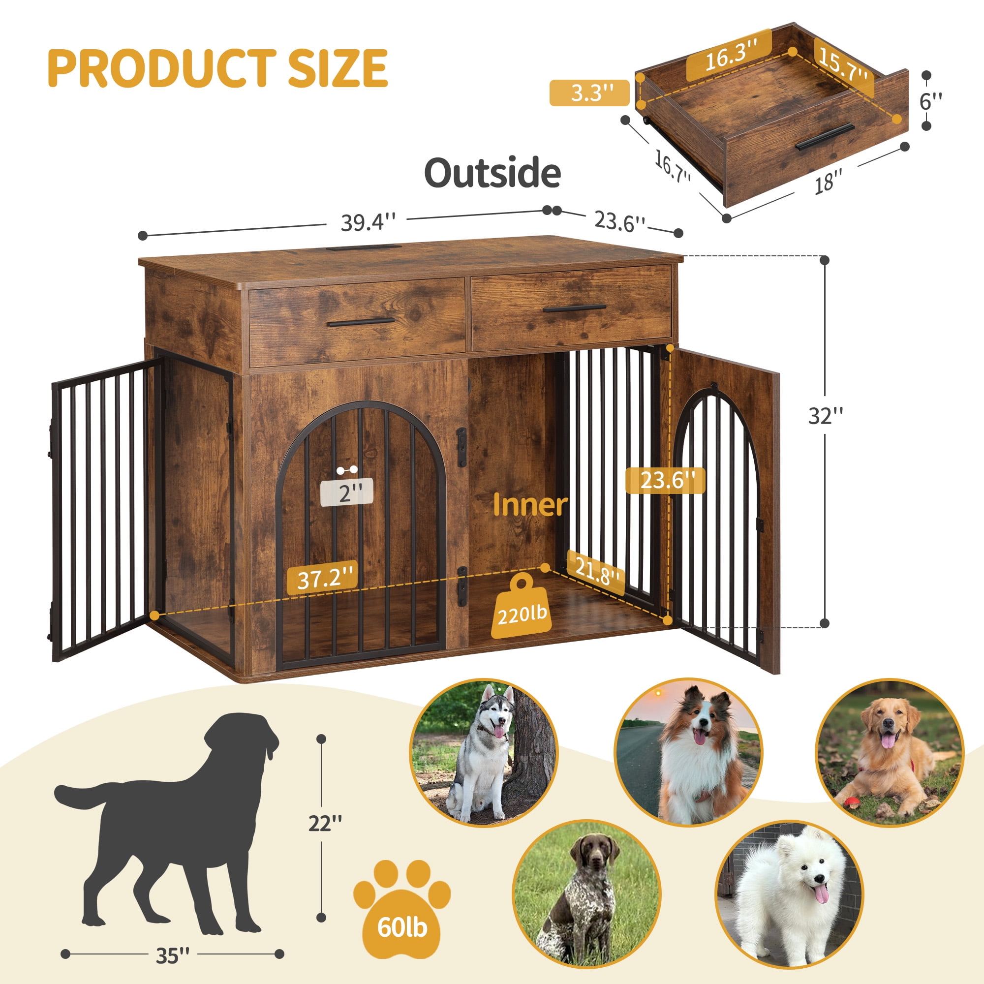 39.4"Wooden Dog Crate Furniture with 2 Drawers, Charging Station,for Medium/Large Dogs,Rustic Brown