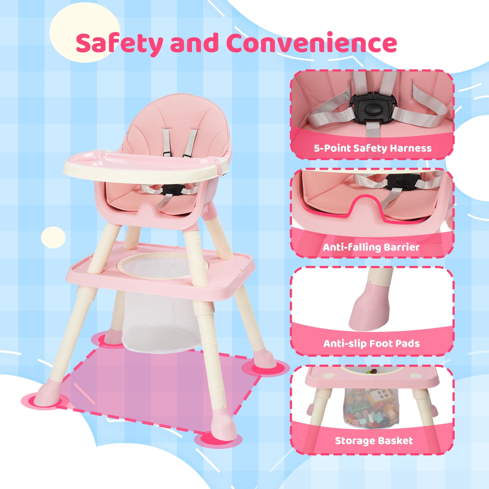 PEXMOR 7 in 1 Convertible Baby High Chair, Leather Cushion Eating Table Chair Set for Babies Toddlers, Pink
