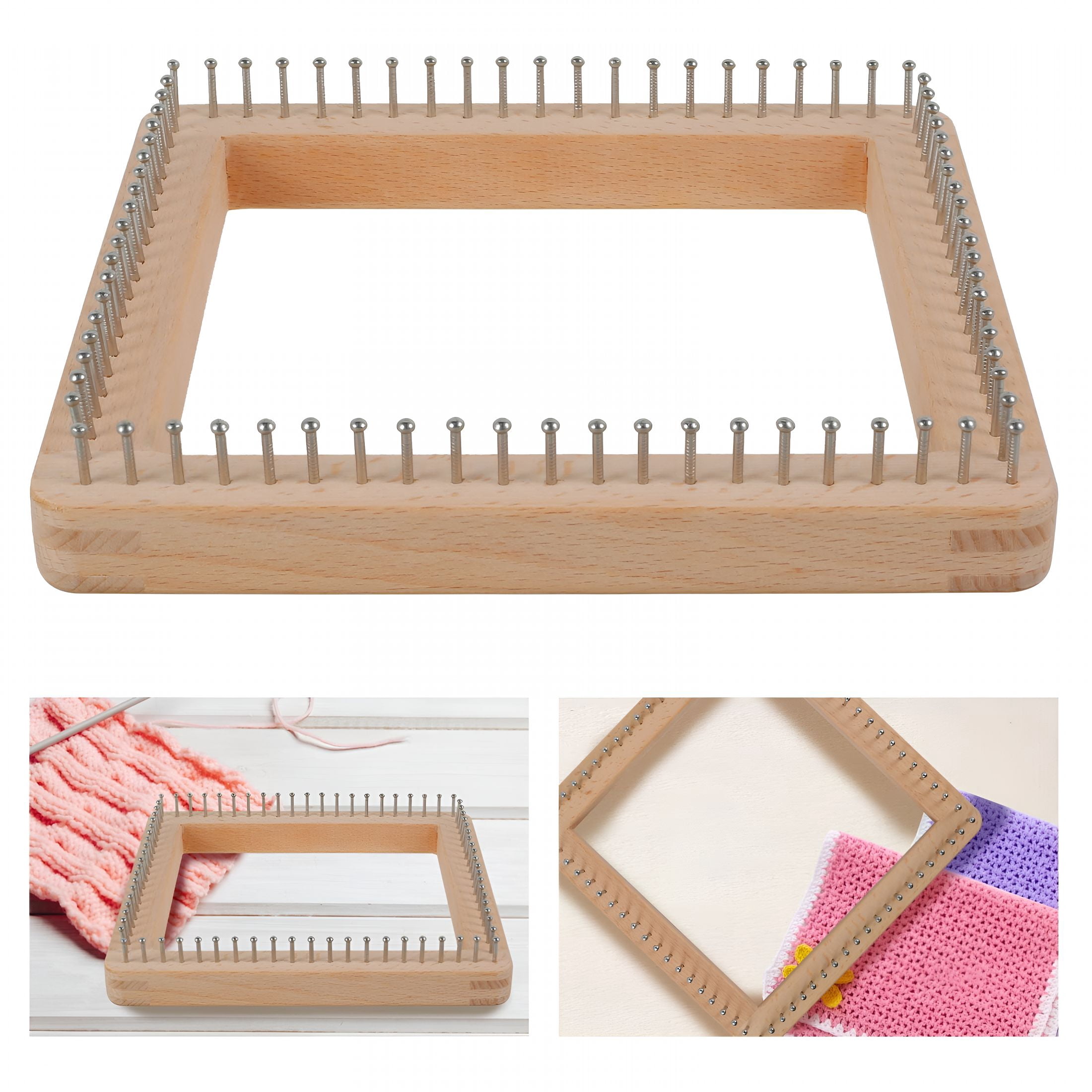 BESTSKY 2026 New Square Knitting Loom Beech Wood Knitting Board Diy Handcraft Weaving Loom with Non Detachable Hooks Multifunctional Knitting Loom Tools for Making Cushions Scarves Hats Shawls