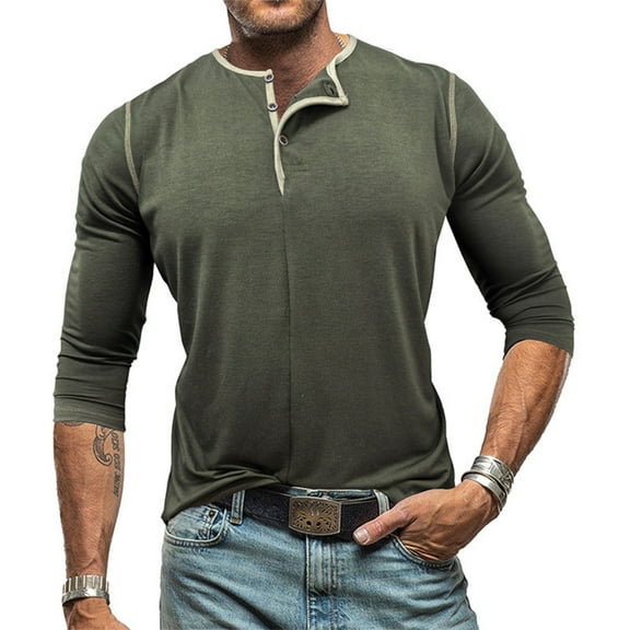 Homeyce Mens Long Sleeve Henley Shirts Solid Color Button Shirts Lightweight Casual Stand Collar T-Shirts Big and Tall Top Shirts,Deep Green M