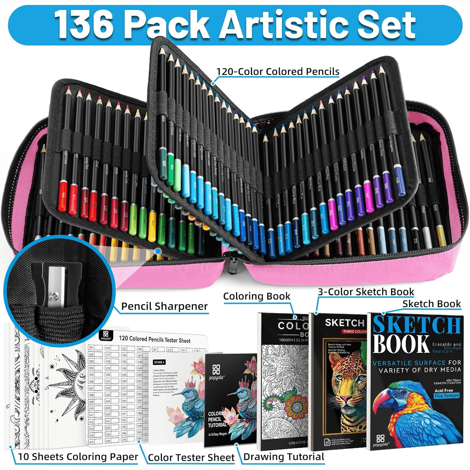 136 Pack Colored Pencils Set with Portable Gift Case, Art Supplies 120 Colored Pencils, 3-Color Sketch Book, Coloring Book, Sketchbook, Sharpener, Professional Drawing Pencils for Adults Kids(Pink)