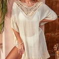 thumbnail image 6 of Beach Cover Ups for Swimwear Women Batwing Sleeve Solid Colot Hollow Out Bathing Suit Loose Fit Cover Up Summer Dresses Beige, One Size, 6 of 8