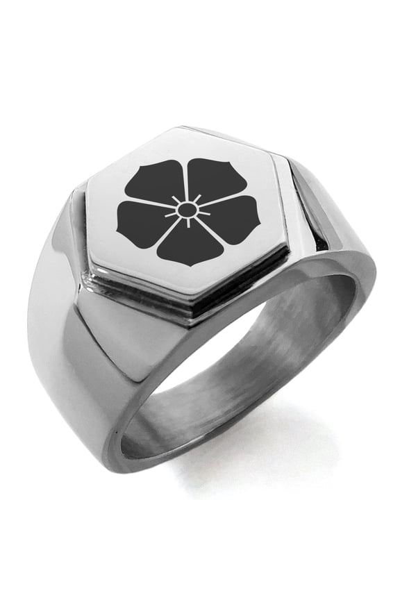 Stainless Steel Akechi Samurai Crest Engraved Hexagon Crest Flat Top Biker Style Polished Ring
