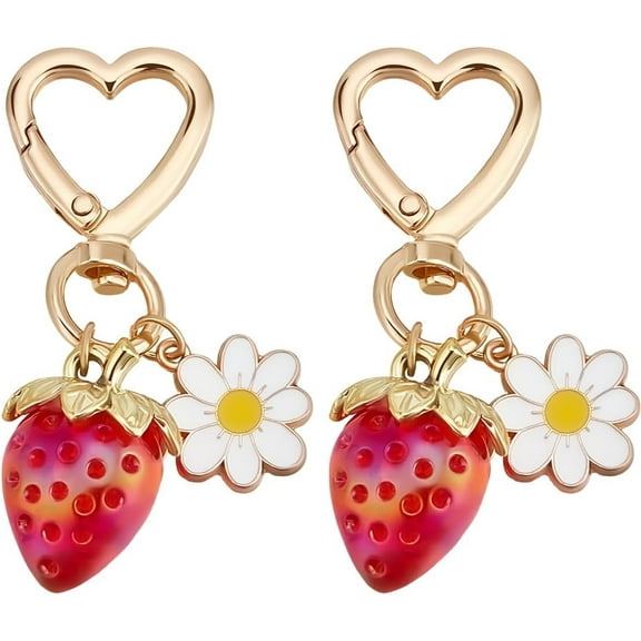 1 Set 2Pcs Flower Alloy Enamel with Acrylic Strawberry Keychain Red 73mm