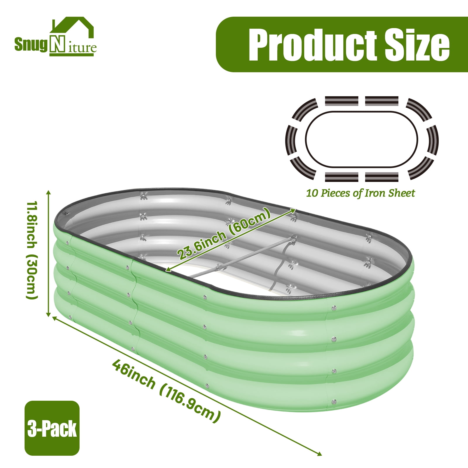 SnugNiture Raised Garden Bed, 3Pcs 4x2x1ft Galvanized Metal Planter Box, Green