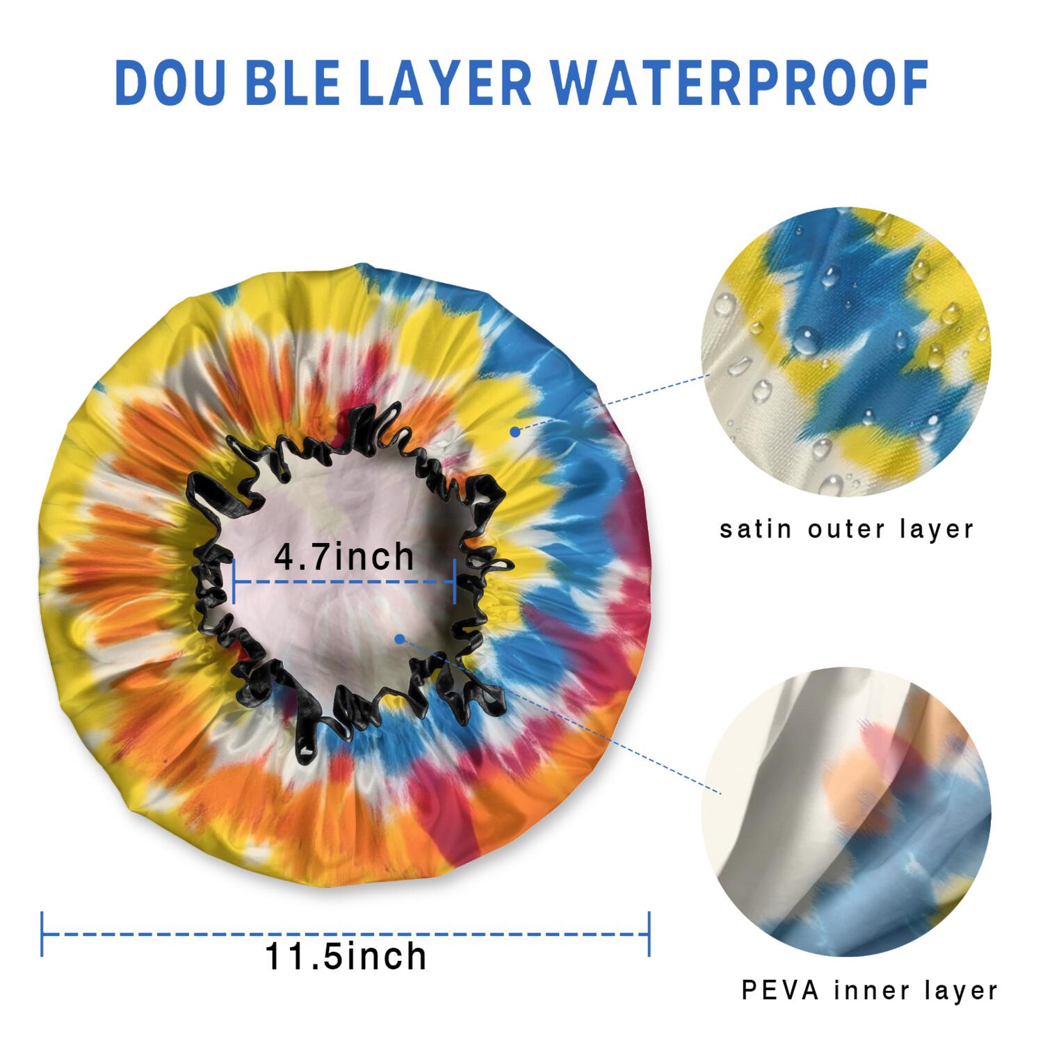 Shower Caps,Vibrant Tie Dye Spiral Waterproof Shower Cap for Women 4 Pieces,Double Reusable Hair Cover for Shower PEVA Elastic Stretch Hem