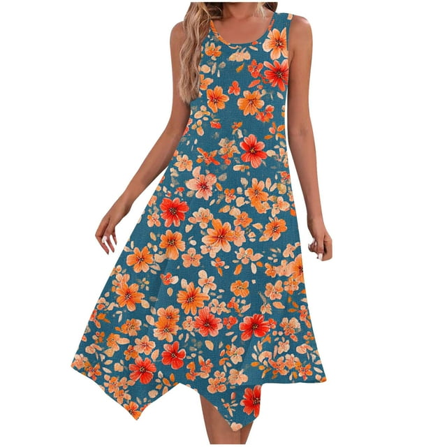 Staron Robe Femme Liquidation à Moins de 10 $ Boho Col Rond Décontractée Printemps avec Poche Plage Ourlet Irrégulier Ample Fluide Sans Manches Robe Débardeur