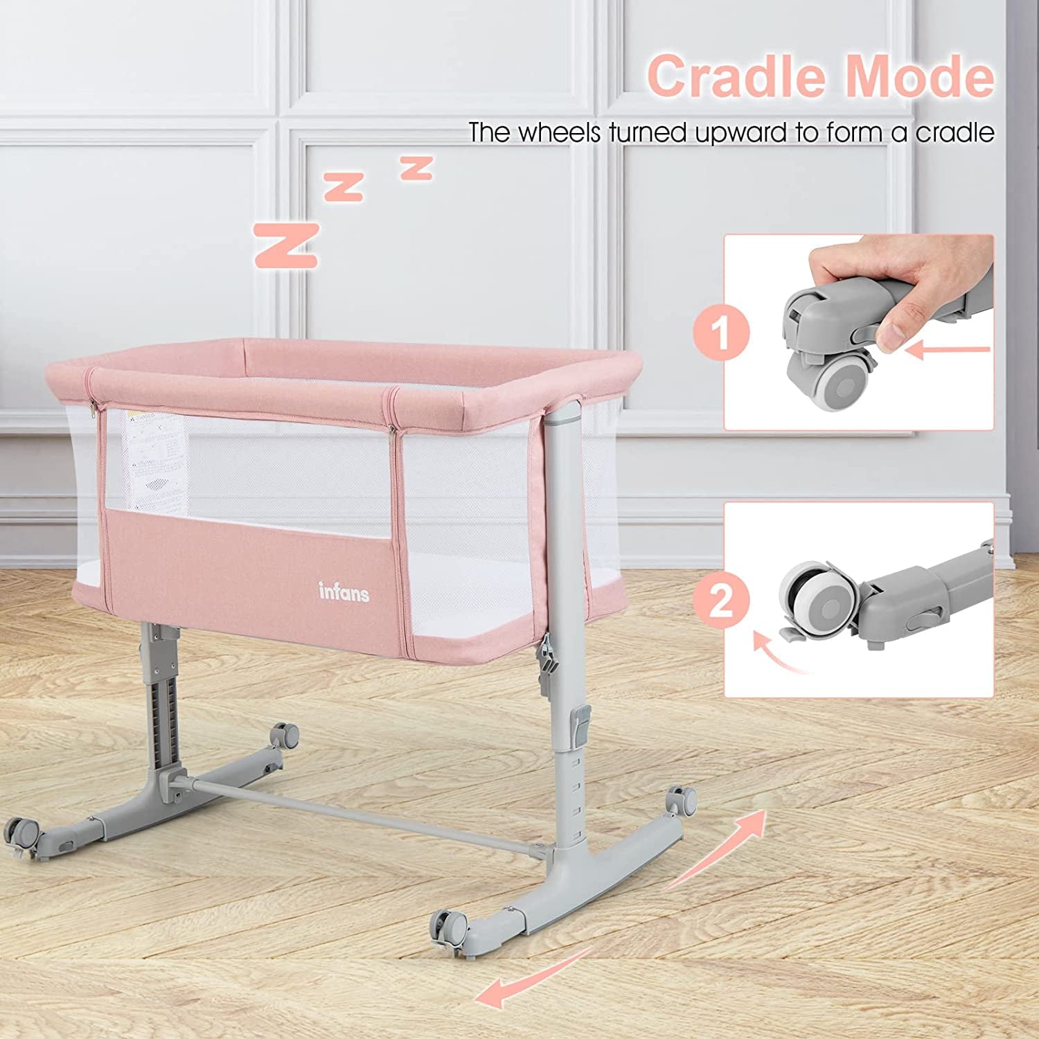 INFANS 3 in 1 Baby Bassinet Bedside Sleeper for Newborn, Folding Crib with Mattress, Travel Bag, Wheels, 4-Sided Mesh, Cradle Co Sleeper Stationary, Rock