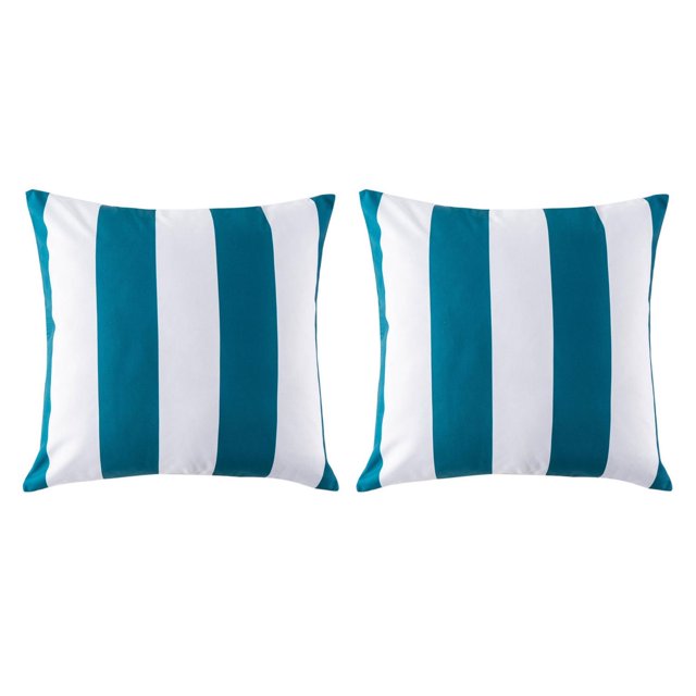 Two 18-inch outdoor square cushions in aqua and white vertical stripes, sold as a 2 pack.