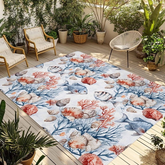 Fsddascl Orange Blue Coral Outdoor Rug for Patio/Deck/Porch, Non-Slip Large Area Rug 6 x 9 Ft, Summer Coastal Beach Fish Ocean Indoor Outdoor Rugs Washable Area Rugs, Reversible Camping Rug Carpet