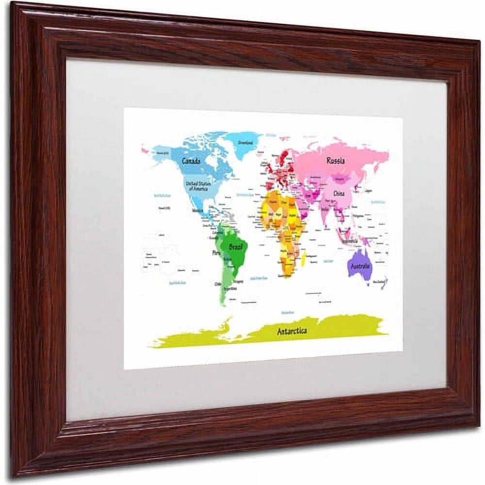 Trademark Fine Art "World Map for Kids II" Canvas Art by Michael Tompsett, White Matte, Wood Frame