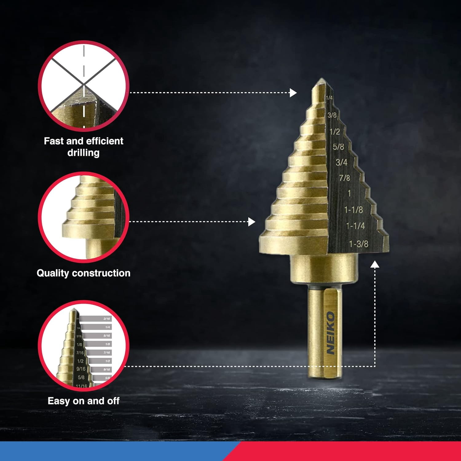 Neiko 10169A Step Drill Bit Set and Automatic Center Punch | 5 Piece, 41 SAE Sizes Total, 1/8” – 1-3/8” | Titanium High Speed Steel Unibit, Stepper Cone Drill Bit | Two Flute Step Down Bits