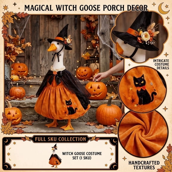Outdoor Halloween Lawn Decoration – 23-Inch Porch Goose Statue Outfit (Devil Cat Style)