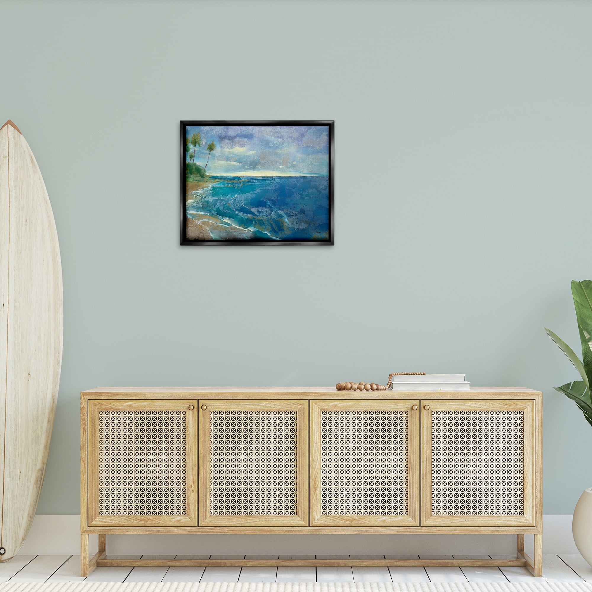 Stupell Industries Modern Pattern Tropics Landscape Painting Black Floater Framed Canvas Art Print Wall Art, 31 x 25