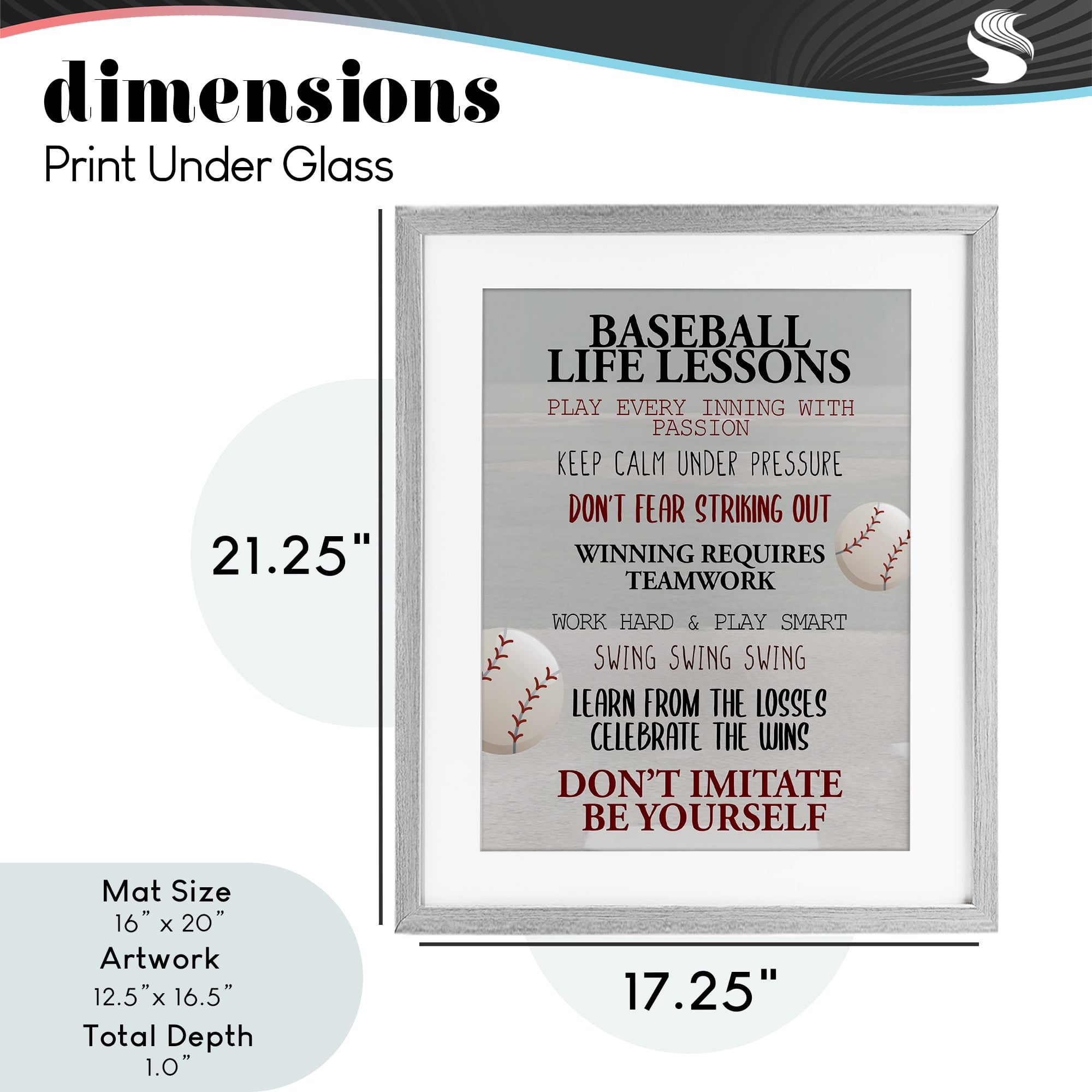 Baseball Life Lessons Gray Framed Print Under Glass, design by Kim Allen